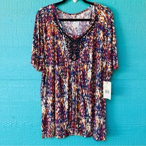 REBA BOHO FLOWY PRINT EMBROIDERED SCOOP NECK SS BLOUSE SIZE 3X NWT